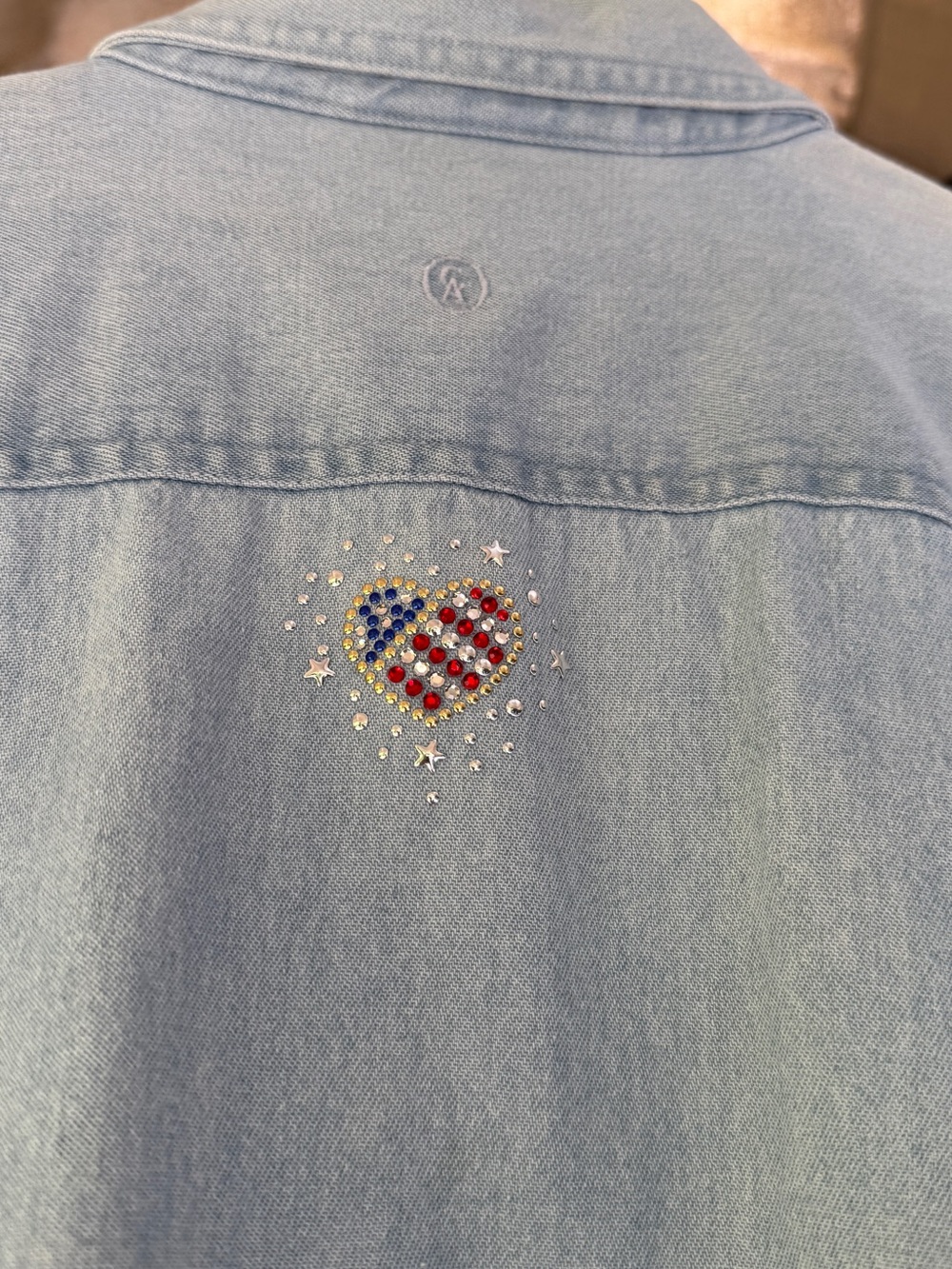 Denim Button-Up Shirt with American Flag Heart Pocket - Picture 4 of 5